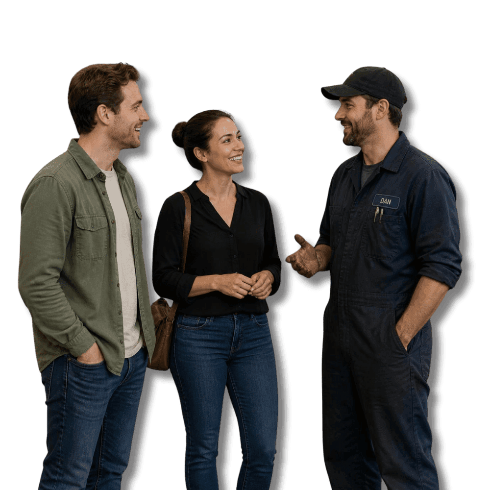 Two customers talking with a small business owner